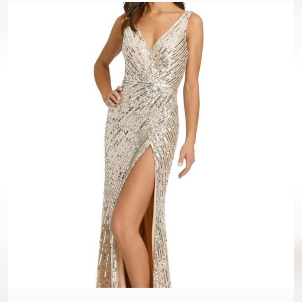 Mac Duggal Gold Beaded V-Neck Evening Gown with High Slit